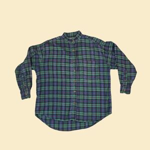 90s No Barriers henley flannel shirt, size L vintage blue & green button down